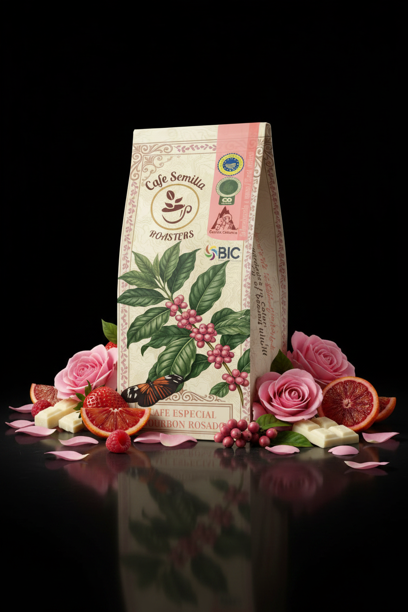 Café Bourbon Rosado — Fondo negro con rosas y frutos rojos