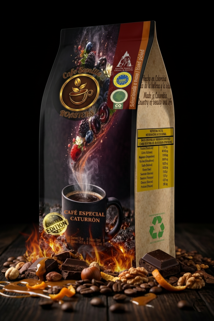 Café Caturrón — Fondo negro dramático con chocolate y fuego