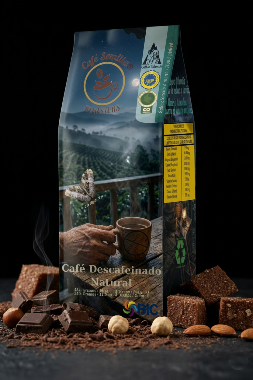 Café Descafeinado — Fondo negro con chocolate, panela y nueces