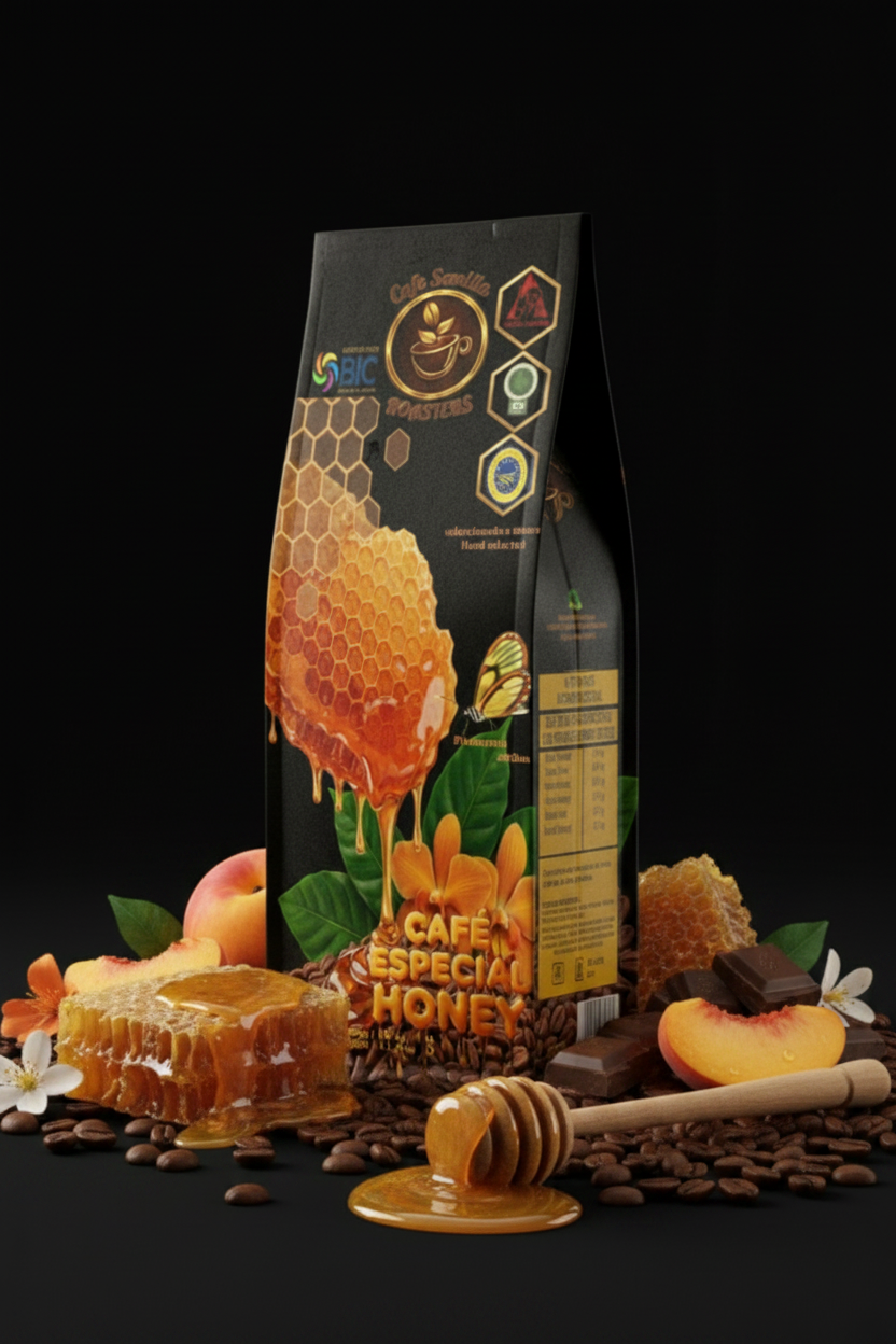Café Especial Honey — Fondo negro con miel y flores