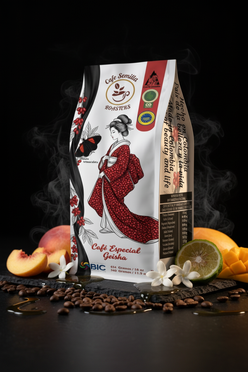 Café Geisha — Fondo negro con jazmín, durazno y mango