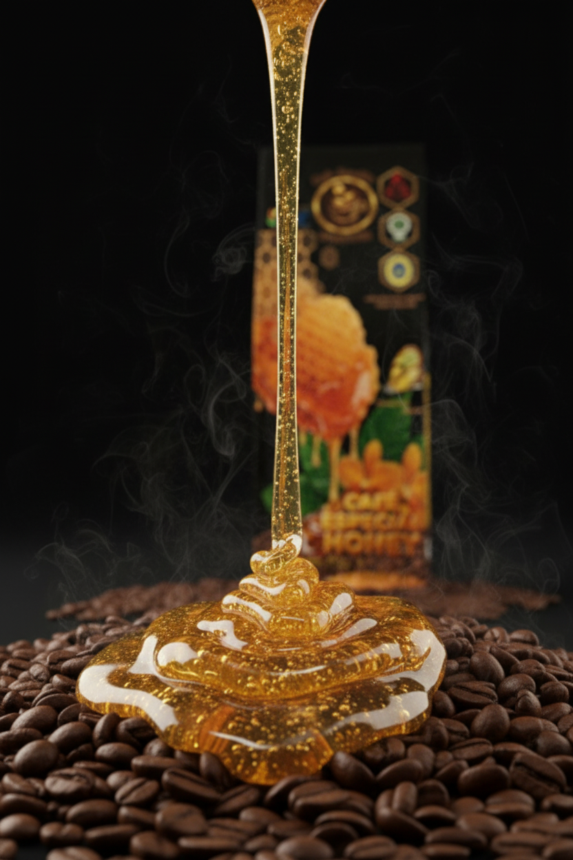 Café Honey — Miel cayendo sobre granos