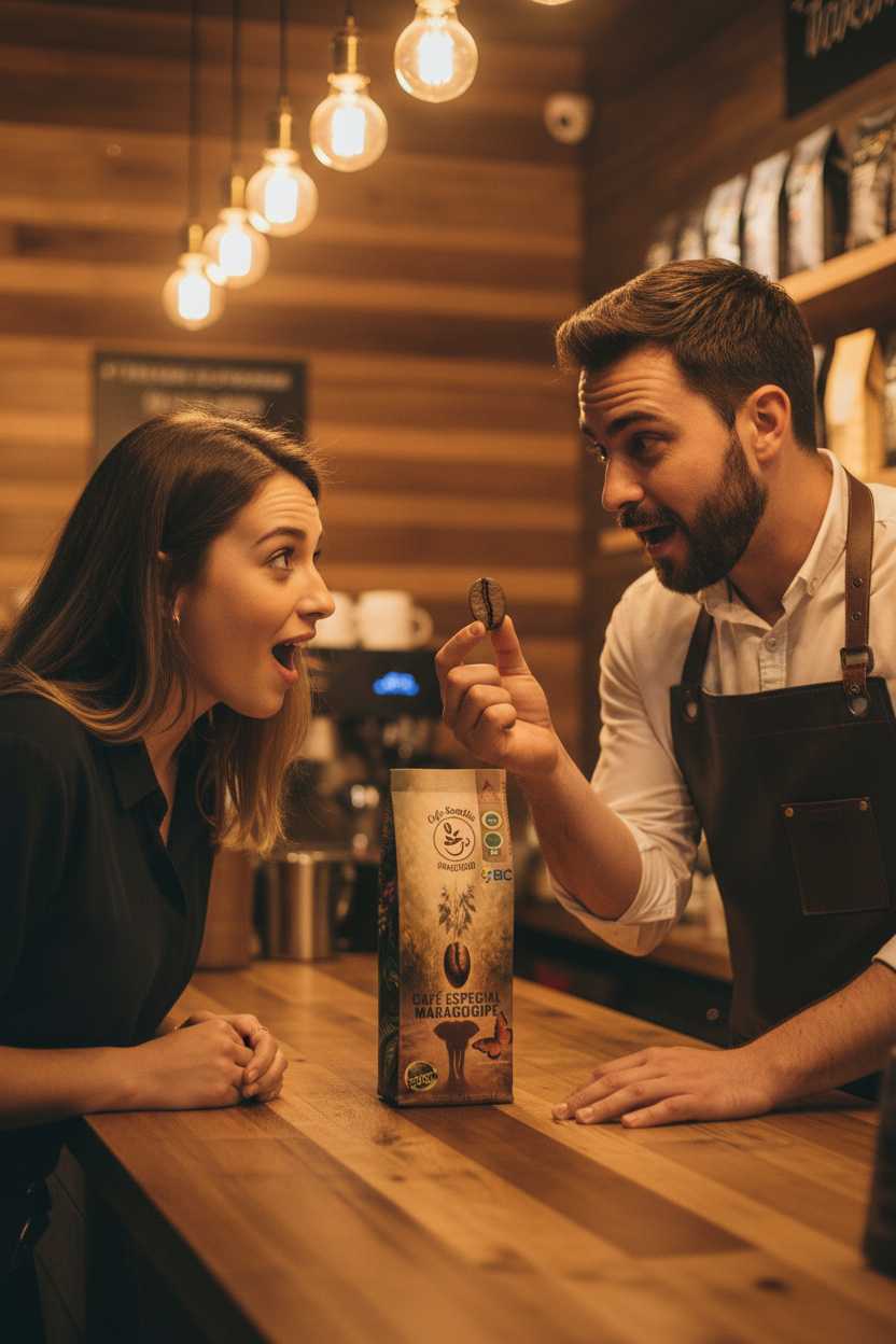 Café Maragogipe — Barista y cliente asombrados