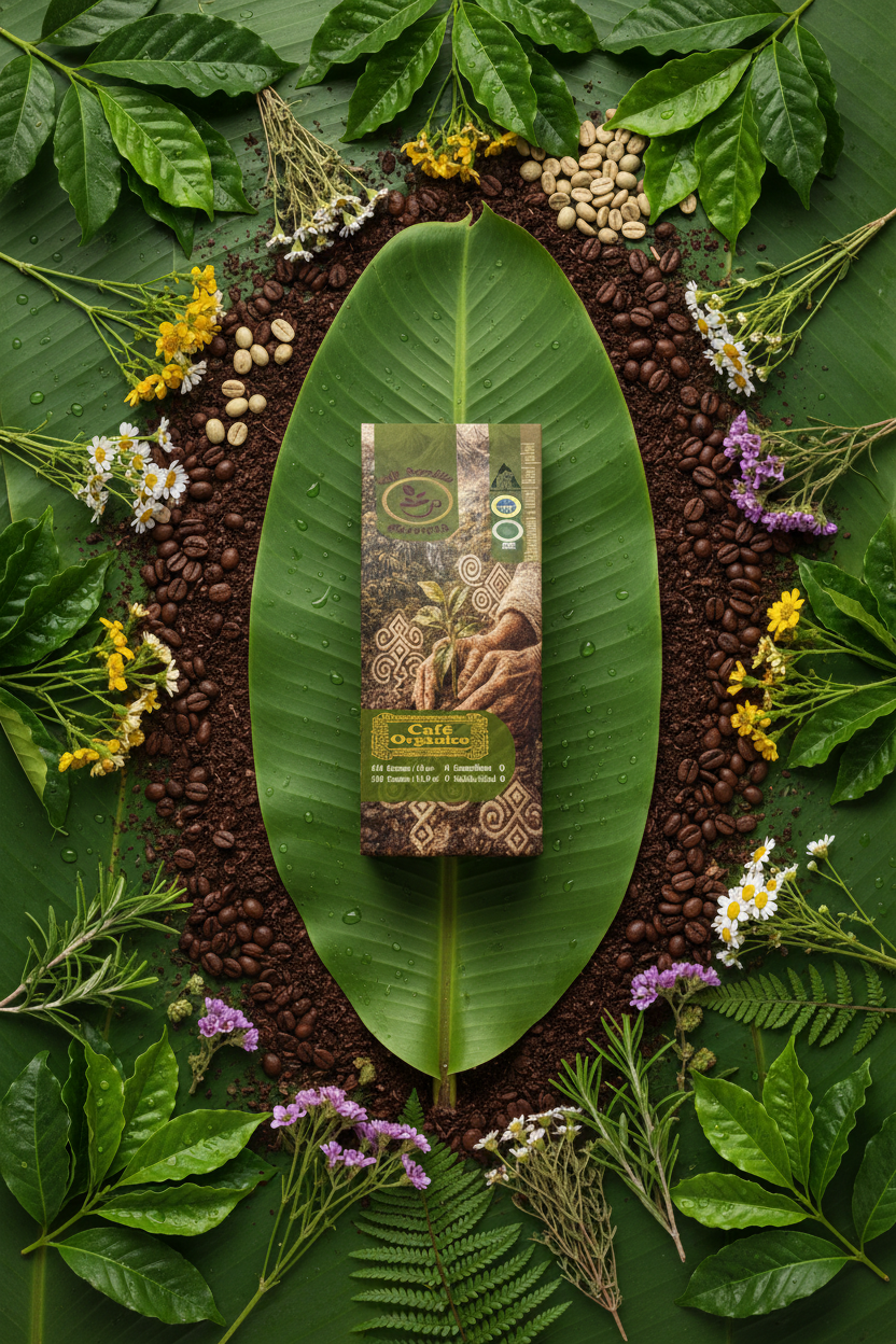 Café Orgánico — Flat lay sobre hoja de plátano