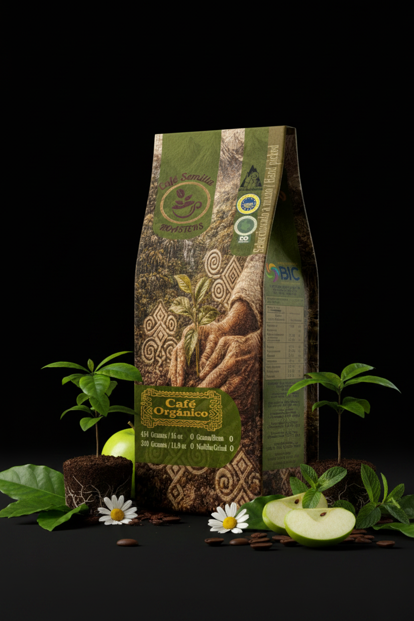 Café Orgánico — Fondo negro con plantas y elementos naturales