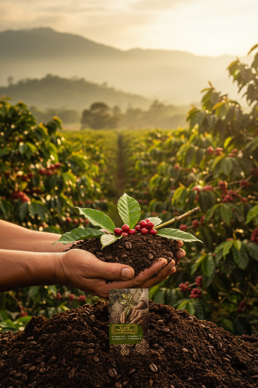 Café Orgánico — Manos campesinas con tierra y café