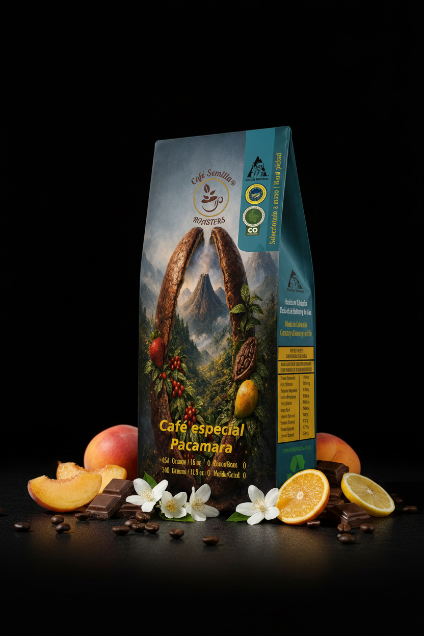 Café Pacamara — Fondo negro con frutas y jazmín