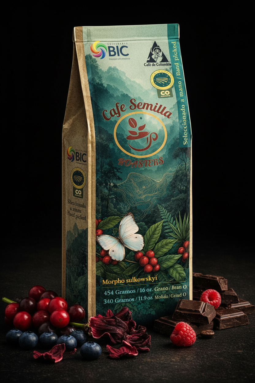 Café Proceso Natural — Fondo negro con cerezas y frutos rojos