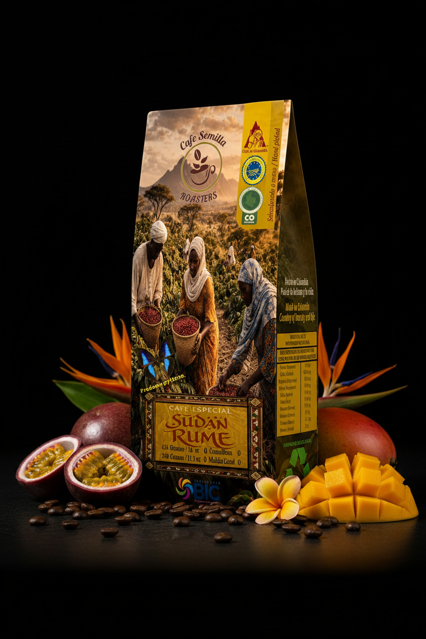 Café Sudan Rume — Fondo negro con frutas tropicales