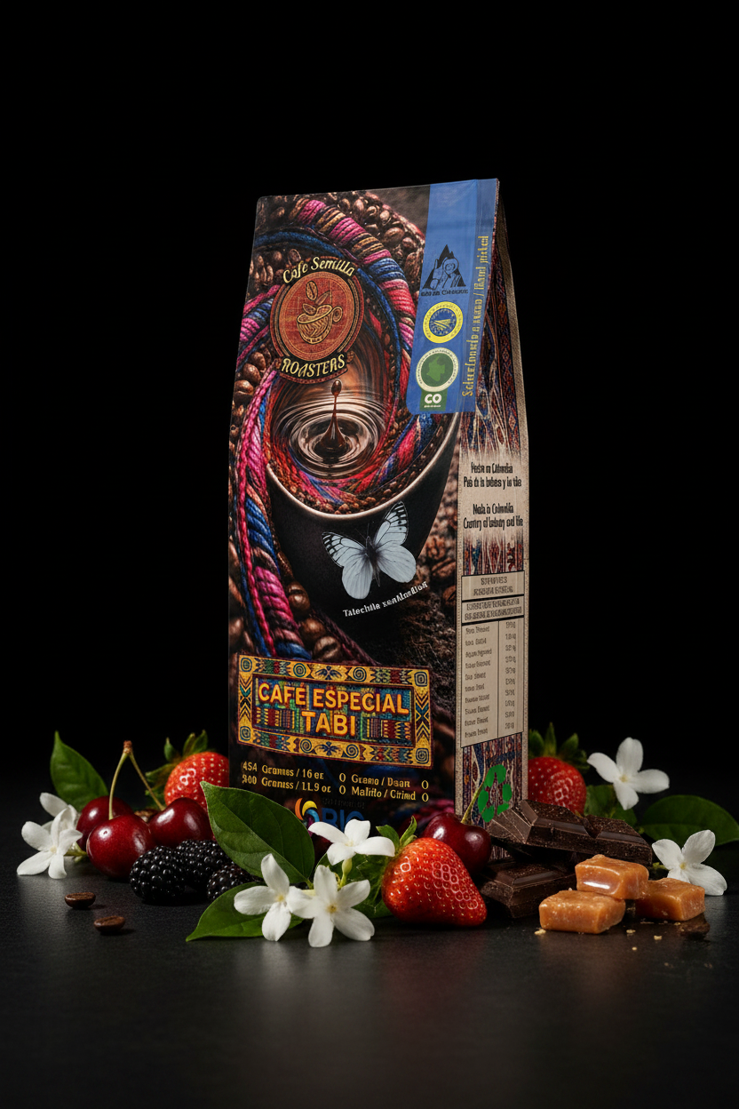 Café Tabi — Empaque fondo negro con frutas y jazmín