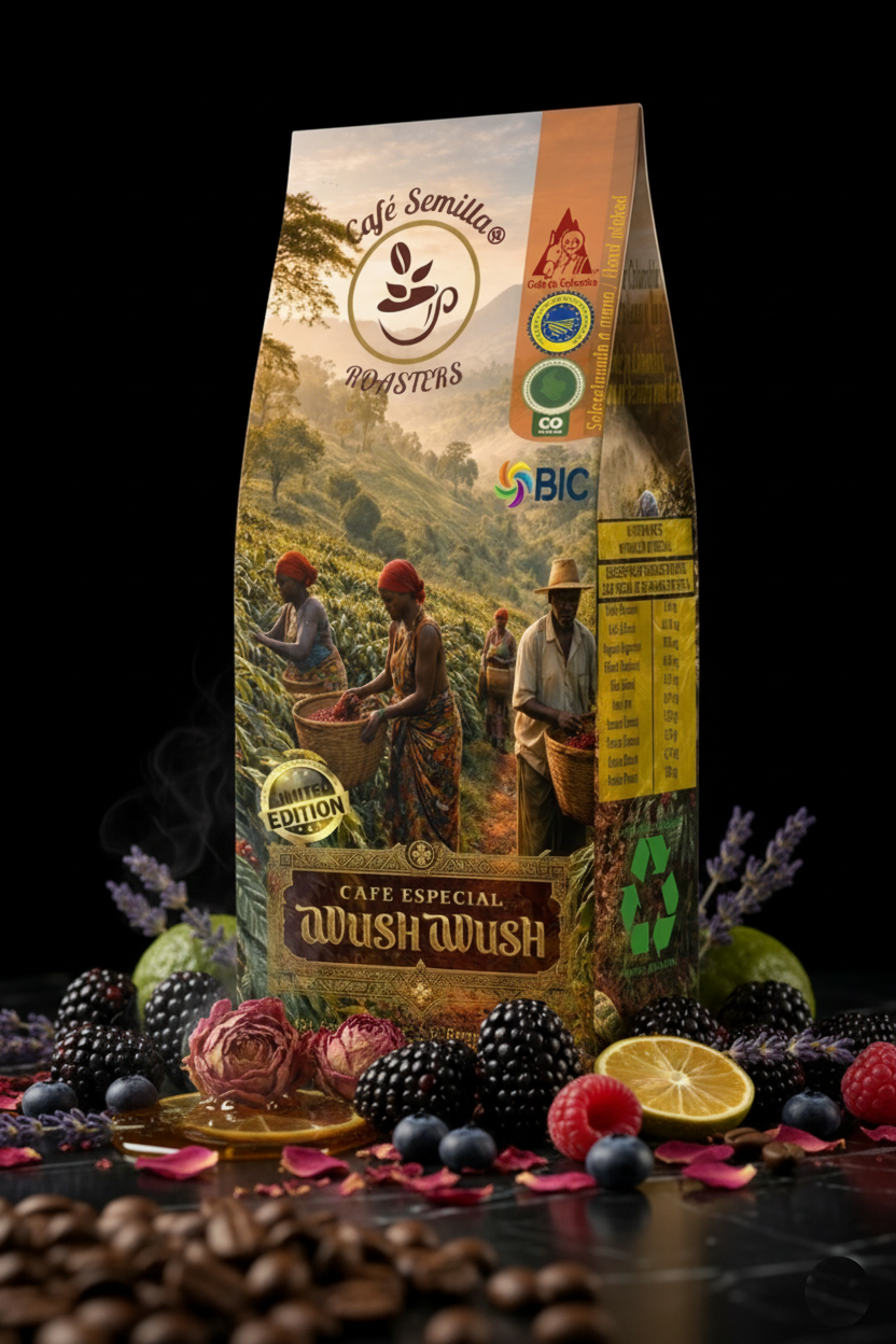 Café Wush Wush — Fondo negro con frutos del bosque y lavanda